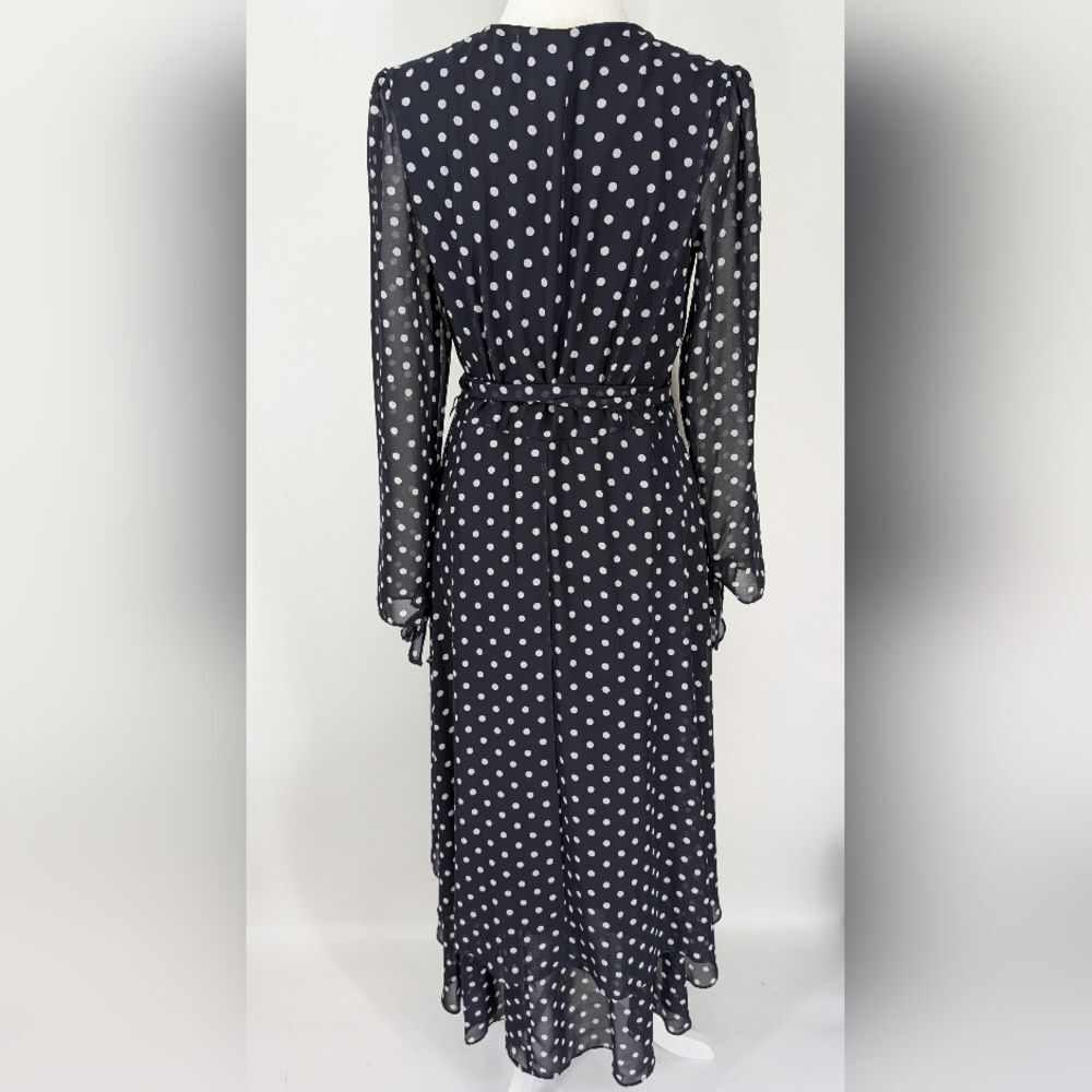 Betsey Johnson Navy Blue White Polka Dot Asymmetrical Hem Wrap Midi Dress 10 - Picture 3 of 6
